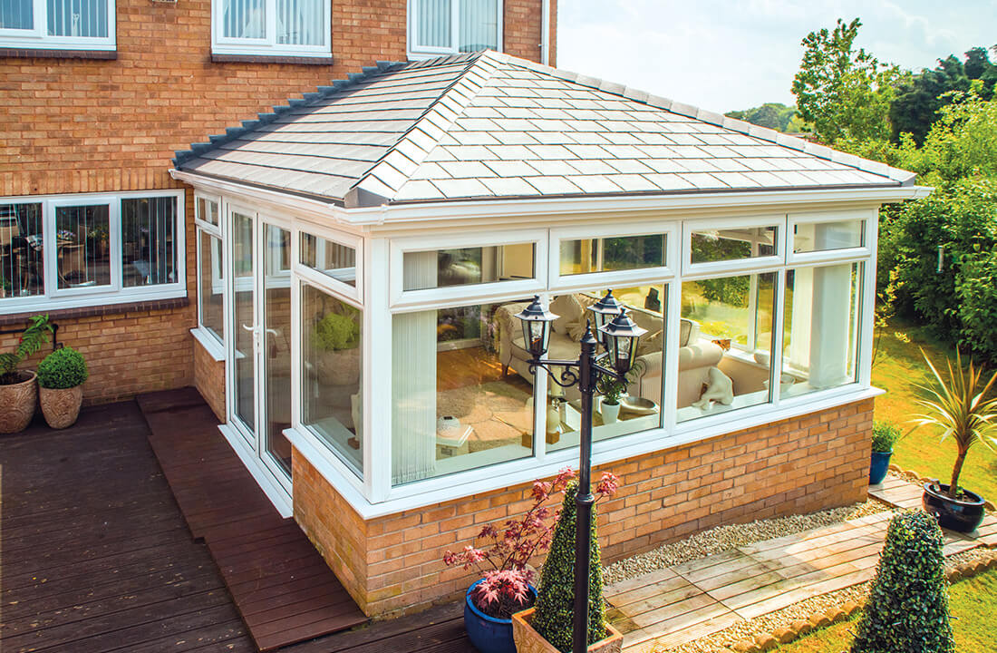 Grey tiled conservatory roof
